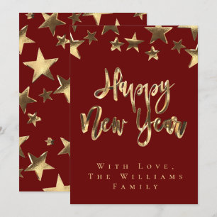 Red Gold Stars Pattern Script Happy New Year Chic Invitation