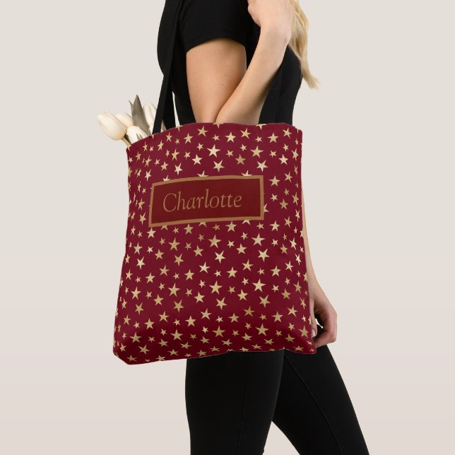 Red Gold Stars Pattern Tote Bag (Close Up)