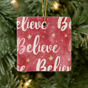 Red Gold Stars Pink White Believe Christmas Ceramic Ornament