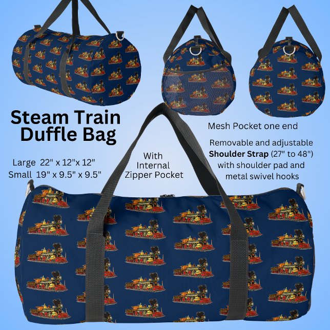 Red Gold Steam Train for Railroad Fan on Blue Duffle Bag (Creator Uploaded)