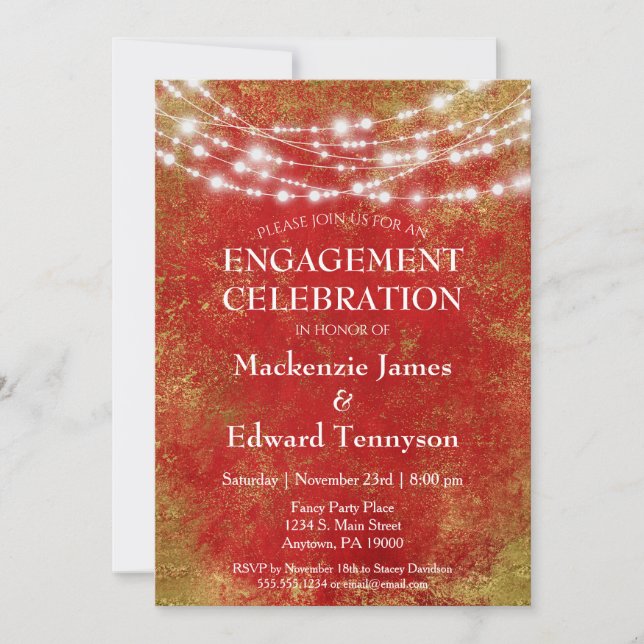 Red Gold String Lights Engagement Party Invitation (Front)