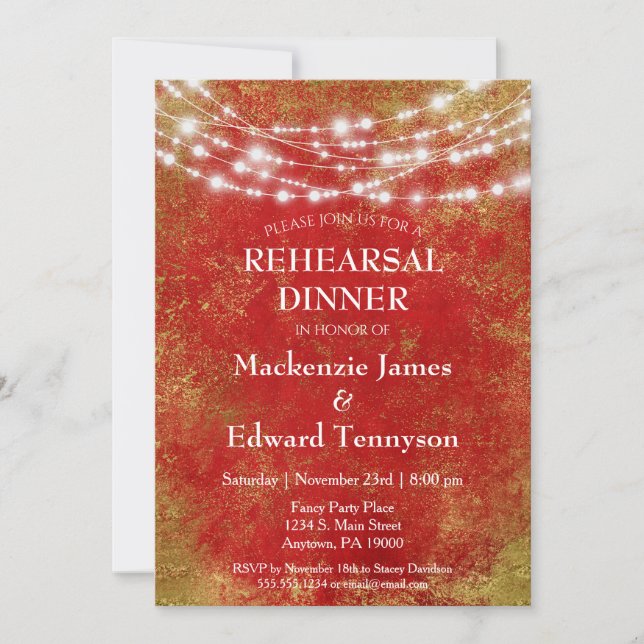 Red Gold String Lights Rehearsal Dinner Invitation (Front)