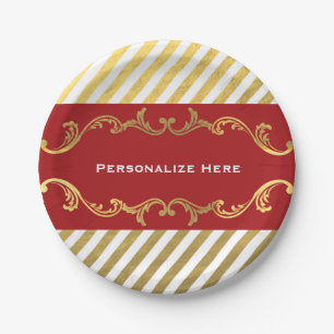 Red & Gold Striped Christmas Holiday Party Plates