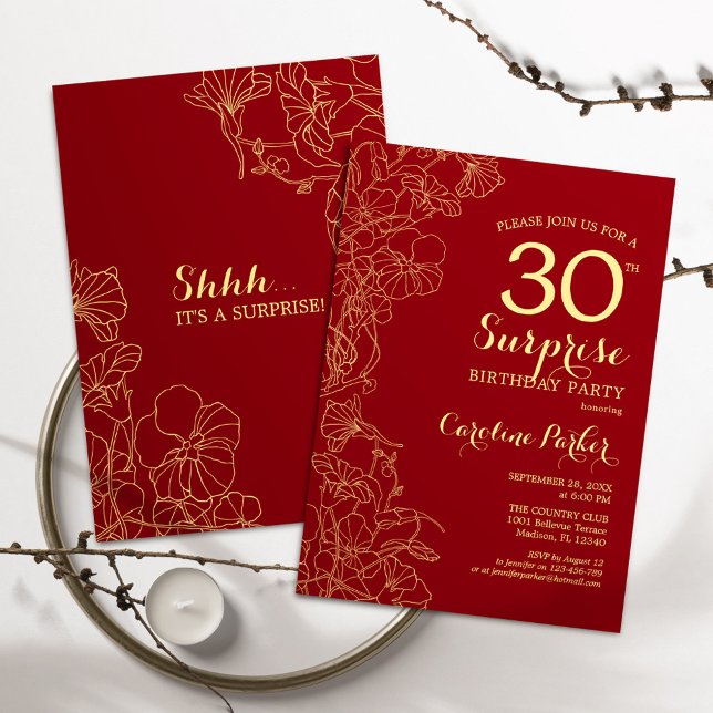Red Gold Surprise 30th Birthday Party Invitation (Creator Uploaded)