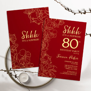 Red Gold Surprise 80th Birthday Invitation