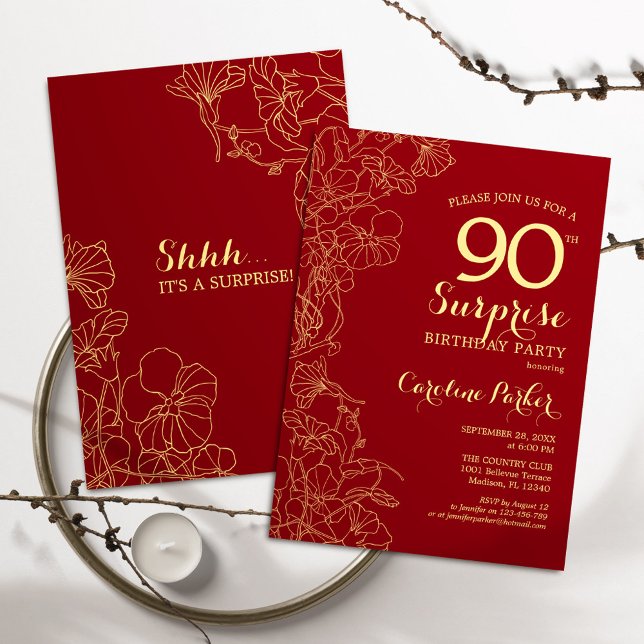 Red Gold Surprise 90th Birthday Party Invitation (Creator Uploaded)