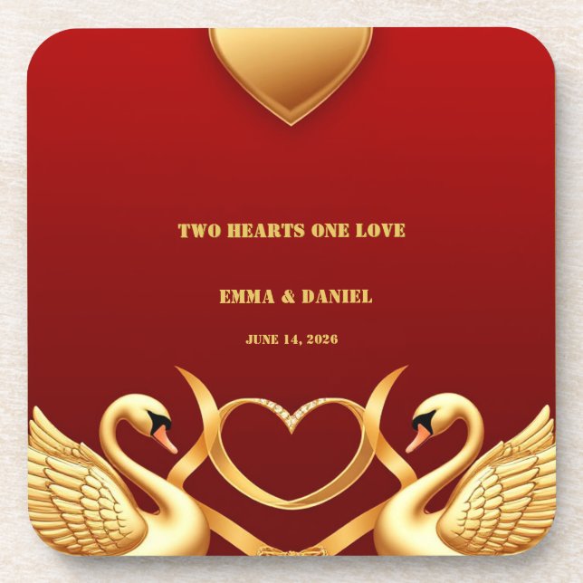 Red Gold Swan Wedding Couple Decor 💍 Coaster (Front)
