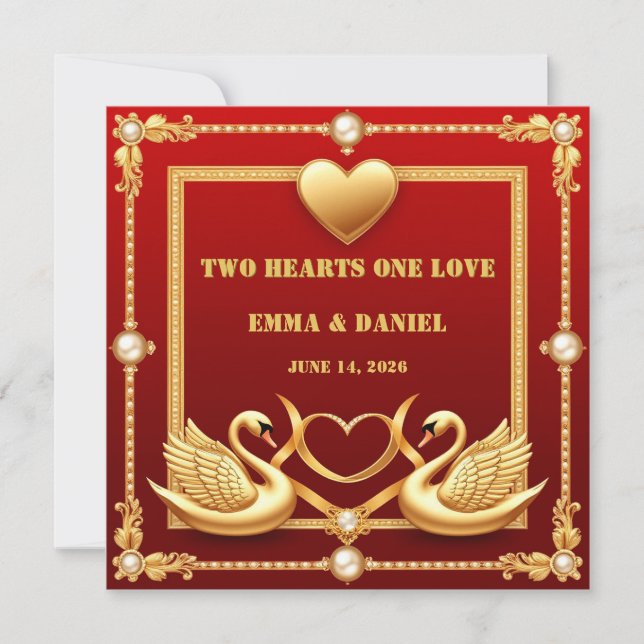 Red Gold Swan Wedding Couple Decor 💍 Invitation (Front)