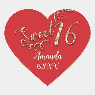 Red Gold Sweet 16th White Heart Name Date Sticker