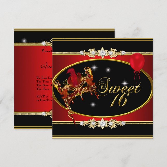 Red Gold Sweet Sixteen Sweet 16 Masquerade Invitation (Front/Back)