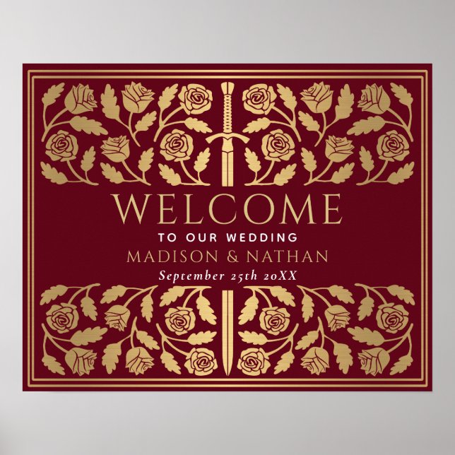 Red Gold Sword Royal Wedding Welcome Sign (Front)