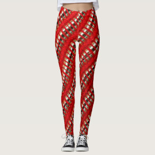 Red & Gold Thin Diagonal Stripe Fabric Texture Leggings