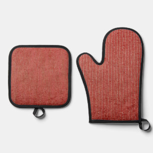 Red & Gold Thin Vertical Stripe Fabric Texture Oven Mitt & Pot Holder Set