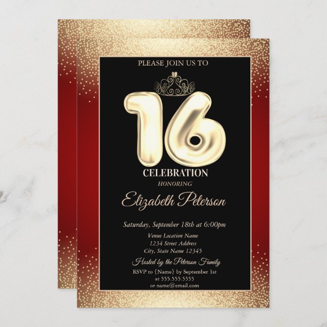 Red, Gold Tiara Confetti,Sweet 16 Party Invitation (Front/Back)