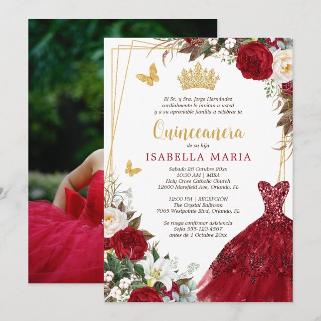Red Gold Tiara Quinceañera Invitation in Spanish (Front/Back)