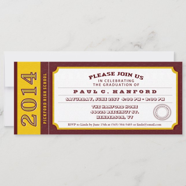 Red & Gold Ticket Graduation Party Invitation (Front)