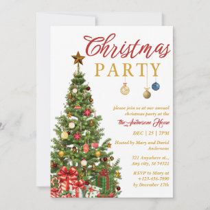 Red Gold Traditional Tree Christmas Party Invitation