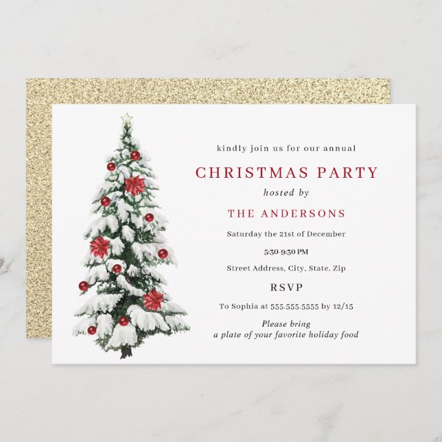 Red Gold Traditional Tree Christmas Party  Invitation (Front/Back)