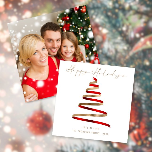 Red Gold Tree Photo Christmas Happy holidays Card (Front and back view)