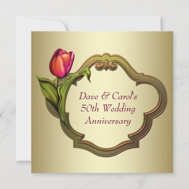 Red Gold Tulip 50th Wedding Anniversary Invitation (Front)