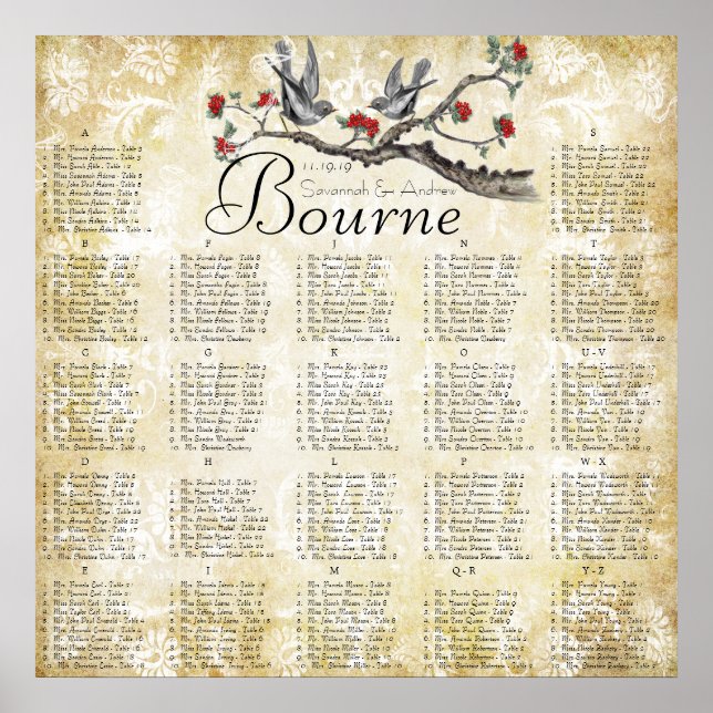 Red & Gold Vintage Birds Reception Seating Chart (Front)
