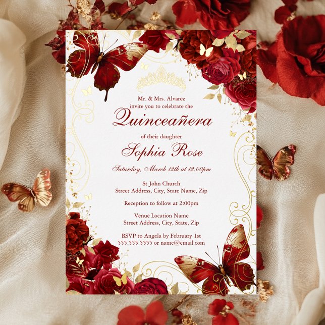 Red Gold Vintage Butterfly Floral Quinceanera  (Creator Uploaded)