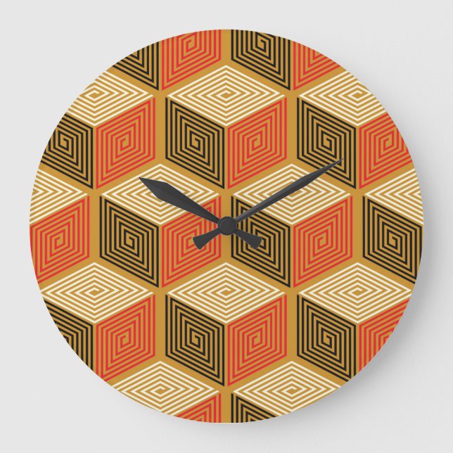 Red Gold Vintage Cube Pattern Large Clock (Front)