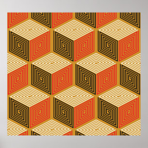 Red Gold Vintage Cube Pattern Poster