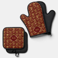 Red Gold Vintage Damask Pattern Monogram