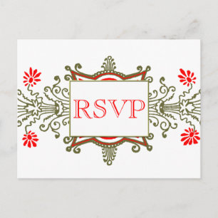 Red Gold Vintage Floral Custom RSVP Postcards