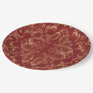 Red gold Vintage Ornate Gold Paper Plate