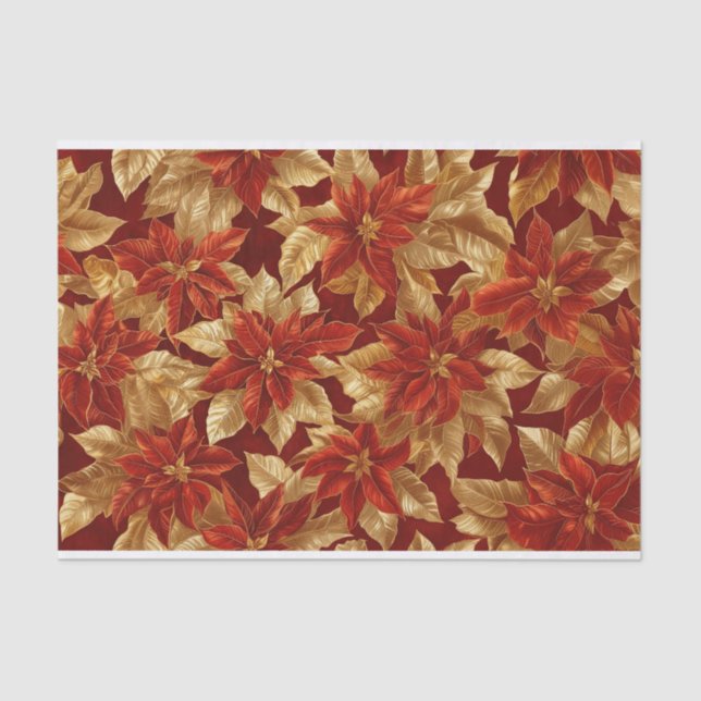 Red Gold Vintage Poinsettias Christmas Tissue Paper (Front)