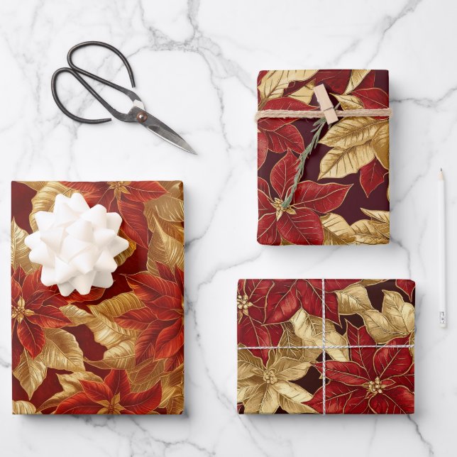 Red Gold Vintage Poinsettias Christmas Wrapping Paper Sheet (Front)