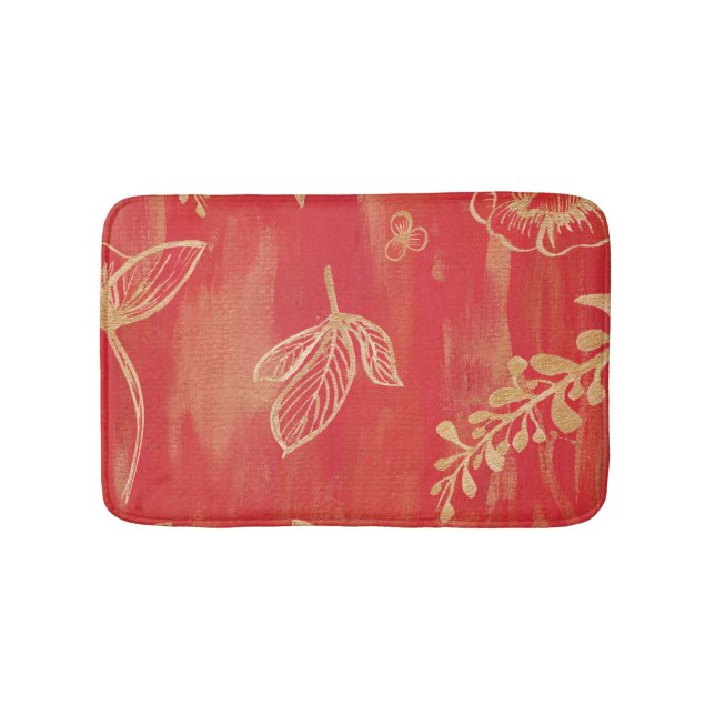 Red Gold Watercolor Floral Bath Mat (Front)