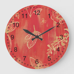 Red Gold Watercolor Floral Large Clock