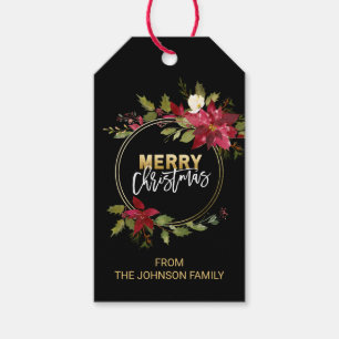 Red Gold Watercolor Floral Poinsettia Christmas Gift Tags