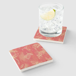Red Gold Watercolor Floral Stone Coaster