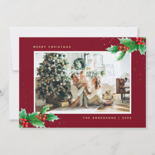 Red Gold Watercolor Holly Photo Christmas Cards