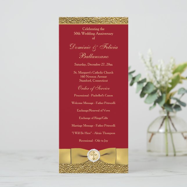 Red Gold Wedding Anniversary Vow Renewal Program Programme (Standing Front)