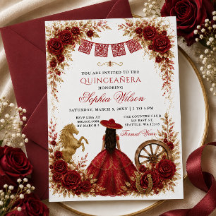 Red Gold Western Horse Floral Charra Quinceañera Invitation