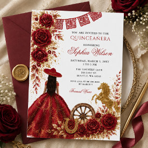 Red Gold Western Horse Floral Charra Quinceañera Invitation