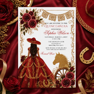 Red Gold Western Horse Floral Charra Quinceañera Invitation