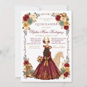 Red Gold Western Horse Floral Charra Quinceañera Invitation