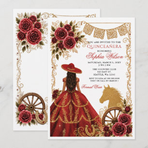 Red Gold Western Horse Floral Charra Quinceañera Invitation