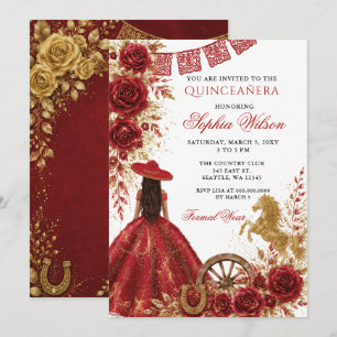Red Gold Western Horse Floral Charra Quinceañera Invitation
