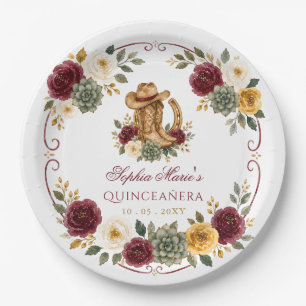 Red Gold Western Horse Floral Charra Quinceañera Paper Plate