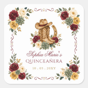 Red Gold Western Horse Floral Charra Quinceañera Square Sticker