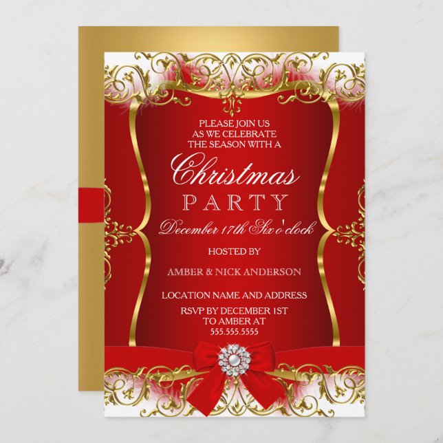 Red Gold White Damask Bow Christmas Party Invite (Front/Back)