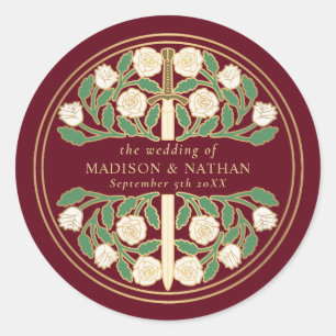 Red Gold White Floral Sword Royal Wedding Classic Round Sticker