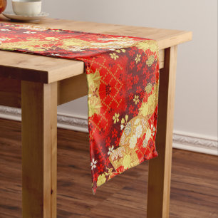Red Gold White Japanese Floral Cotton Dining Short Table Runner